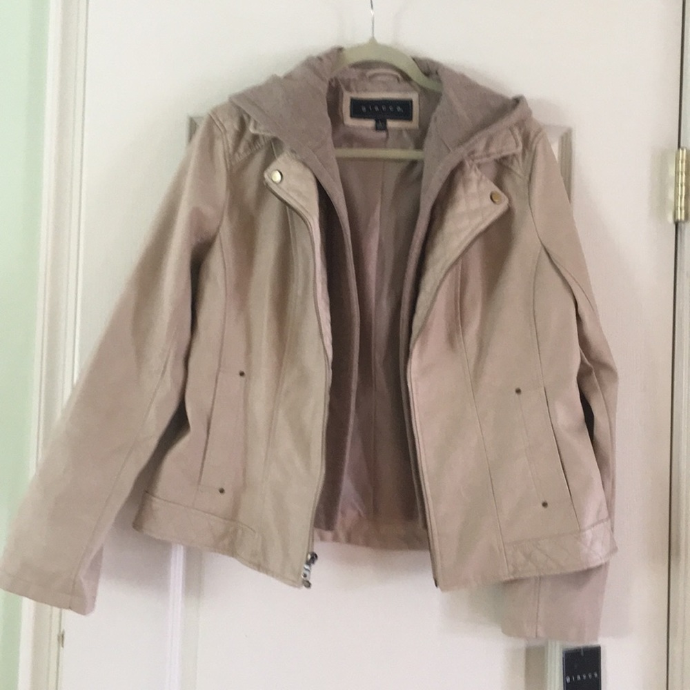Tan faux leather jacket with zip off hood